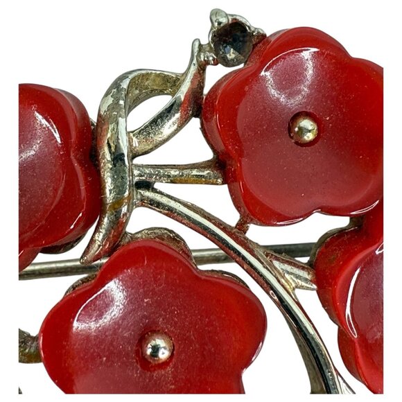 Vintage Arthur Pepper ART Red Enamel Floral Brooch Pin Gold Tone Metal Jewelry - Picture 3 of 8